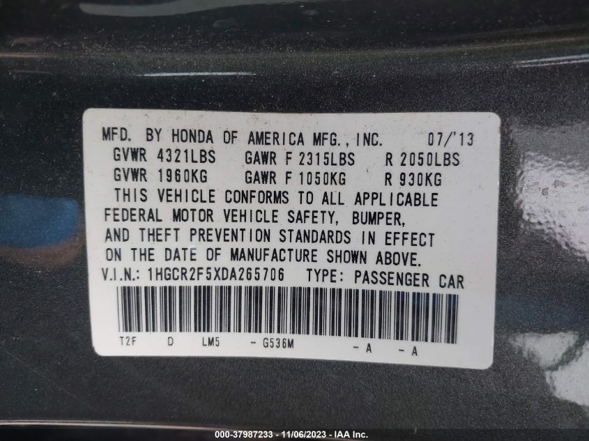 2013 HONDA ACCORD SDN SPORT 1HGCR2F5XDA265706