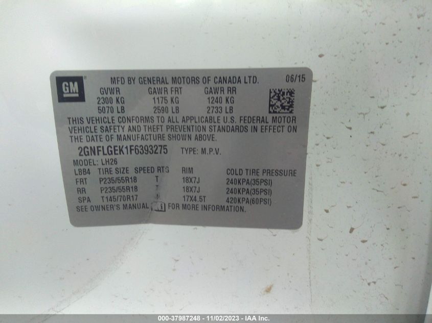 2015 CHEVROLET EQUINOX 2LT - 2GNFLGEK1F6393275
