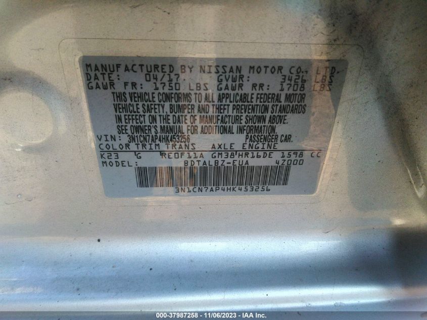 2017 NISSAN VERSA S/S PLUS/SV/SL - 3N1CN7AP4HK453256