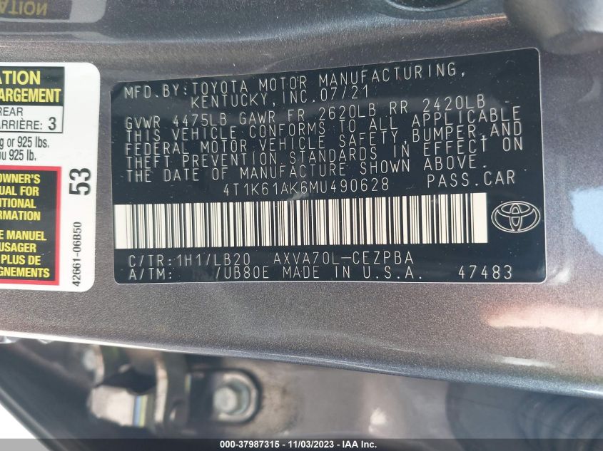 2021 TOYOTA CAMRY XSE - 4T1K61AK6MU490628
