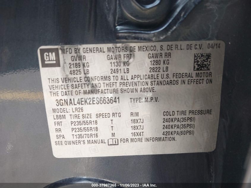 2014 CHEVROLET CAPTIVA SPORT LTZ 3GNAL4EK2ES663641