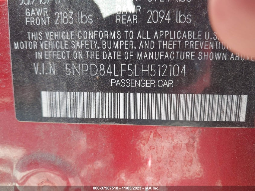 VIN 5NPD84LF5LH512104 2020 HYUNDAI ELANTRA SEL/VALUE/LIMITED