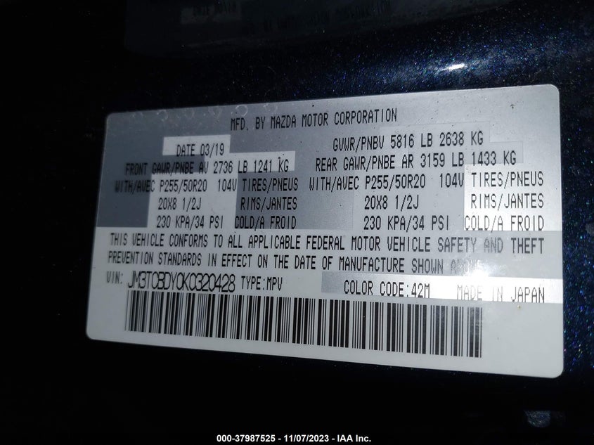 VIN JM3TCBDY0K0320428 2019 MAZDA CX-9 GRAND TOURING