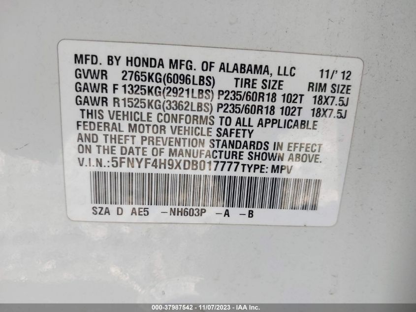 2013 HONDA PILOT TOURING - 5FNYF4H9XDB017777