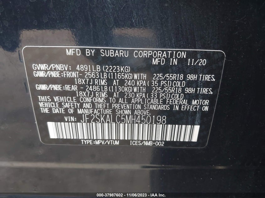 VIN JF2SKALC5MH450198 2021 SUBARU FORESTER SPORT
