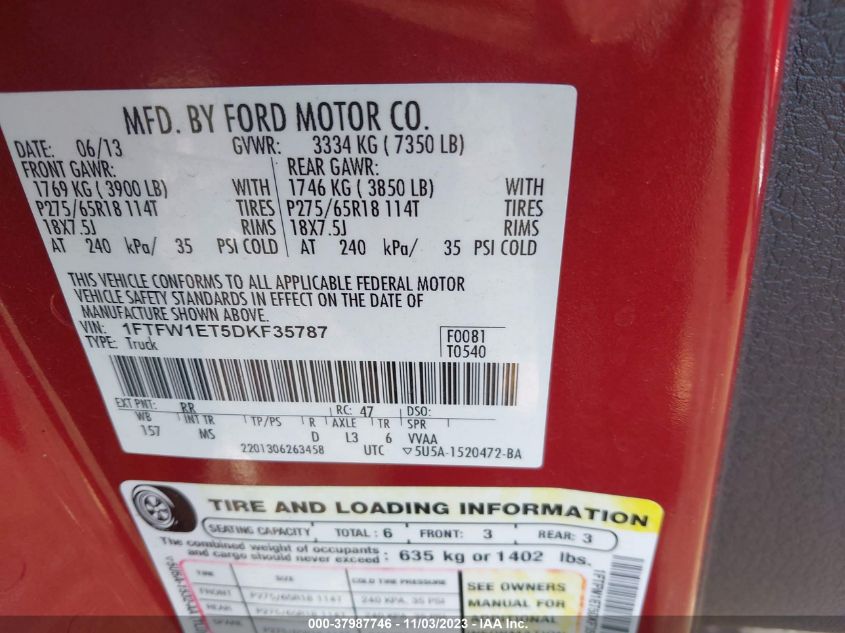 2013 FORD F150 SUPERCREW - 1FTFW1ETSDKF35787