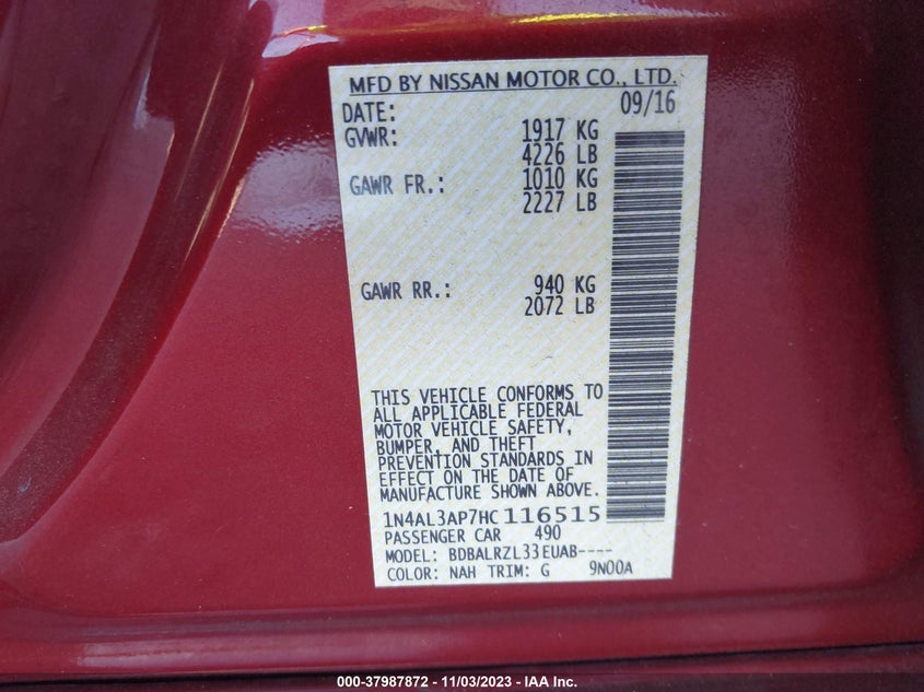 VIN 1N4AL3AP7HC116515 2017 NISSAN ALTIMA 2.5/S/SV/SL/SR