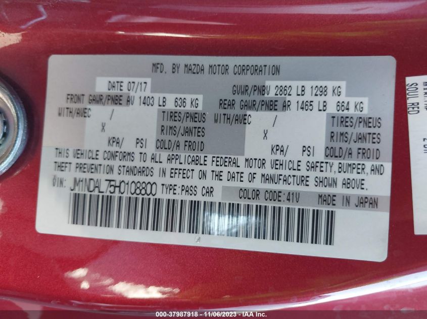 2017 MAZDA MX-5 MIATA RF CLUB JM1NDAL75H0108800