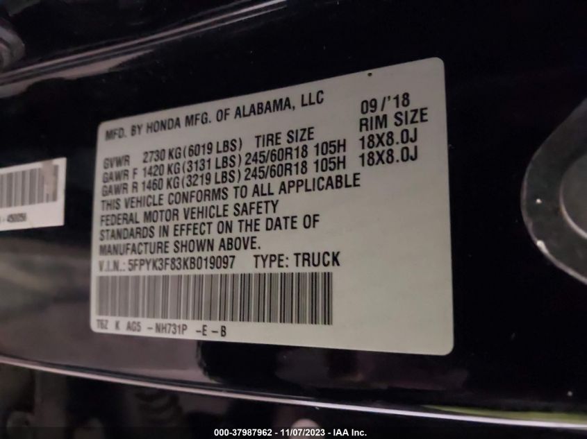 VIN 5FPYK3F83KB019097 2019 HONDA RIDGELINE BLACK EDITION