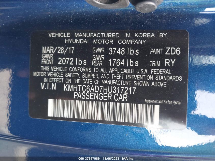 2017 HYUNDAI VELOSTER - KMHTC6AD7HU317217