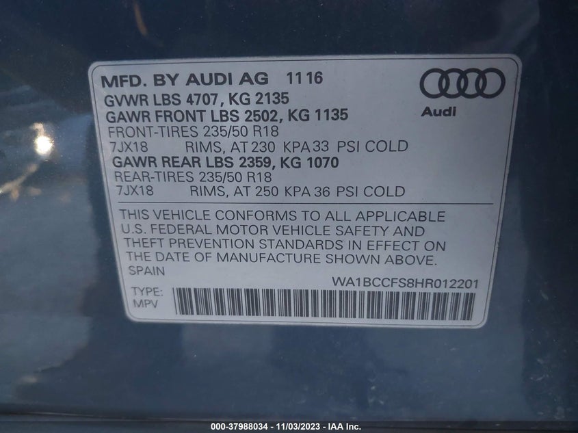 VIN WA1BCCFS8HR012201 2017 AUDI Q3 PREMIUM