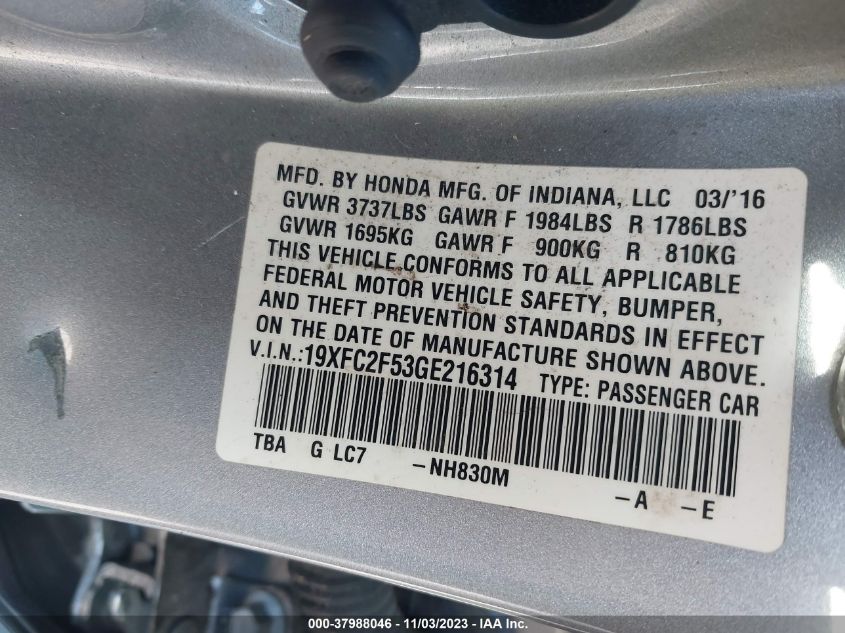 2016 HONDA CIVIC LX - 19XFC2F53GE216314