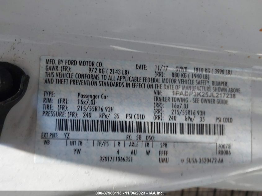 2018 FORD FOCUS SE - 1FADP3K25JL217238