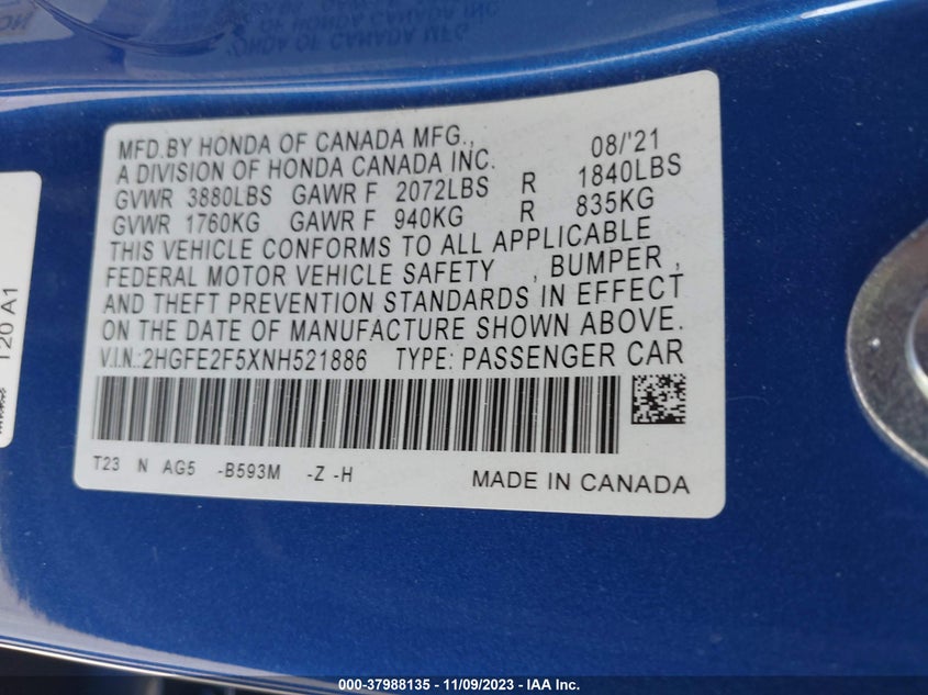VIN 2HGFE2F5XNH521886 2022 HONDA CIVIC SPORT