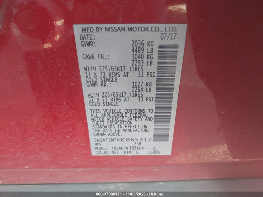 VIN 5N1AT2MTXHC865317 2017 NISSAN ROGUE S/SL