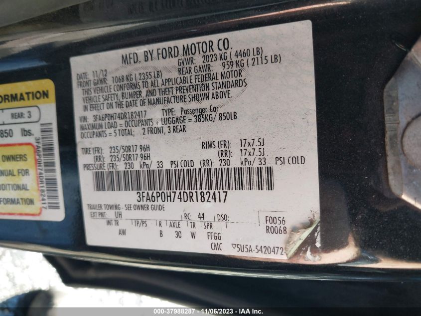 2013 FORD FUSION SE - 3FA6P0H74DR182417
