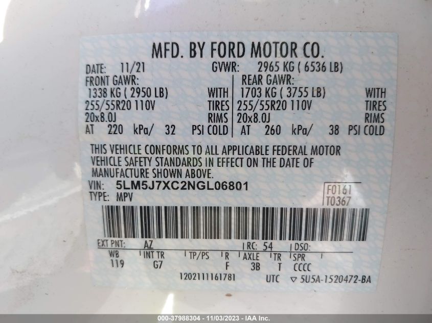 VIN 5LM5J7XC2NGL06801 2022 LINCOLN AVIATOR RESERVE