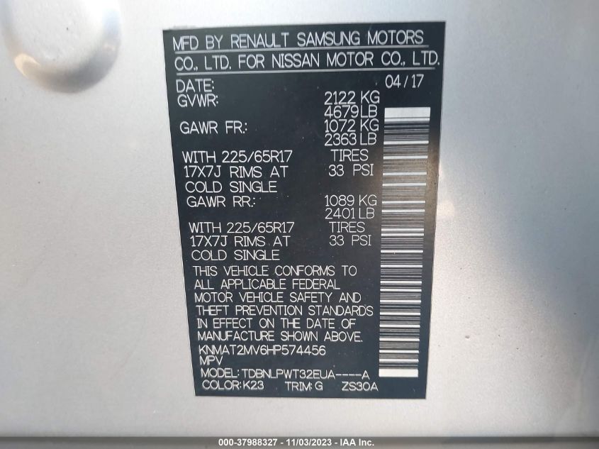 2017 NISSAN ROGUE S - KNMAT2MV6HP574456