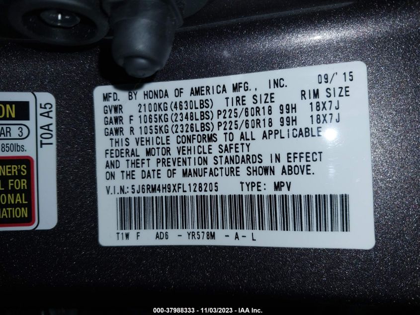 2015 HONDA CR-V TOURING - 5J6RM4H9XFL128205