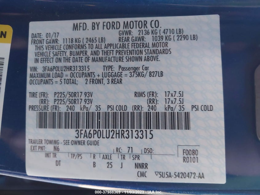 VIN 3FA6P0LU2HR313315 2017 FORD FUSION HYBRID SE