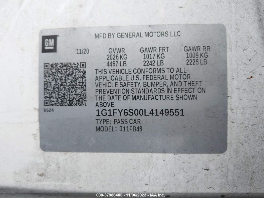 2020 CHEVROLET BOLT EV FWD LT - 1G1FY6S00L4149551
