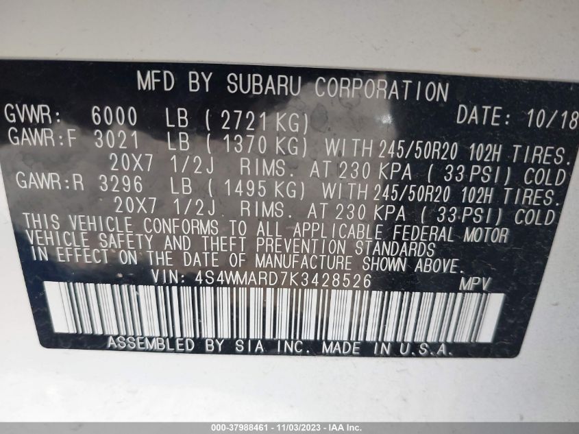 VIN 4S4WMARD7K3428526 2019 SUBARU ASCENT TOURING