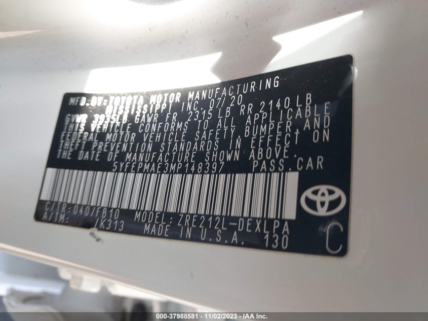 VIN 5YFEPMAE3MP148397 2021 TOYOTA COROLLA LE