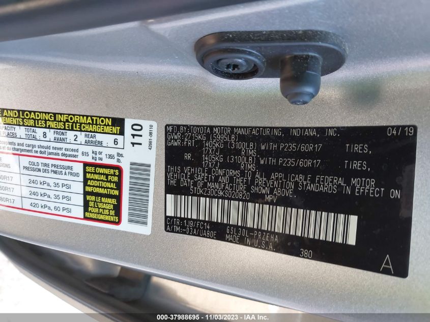 2019 TOYOTA SIENNA LE - 5TDKZ3DC9KS020820