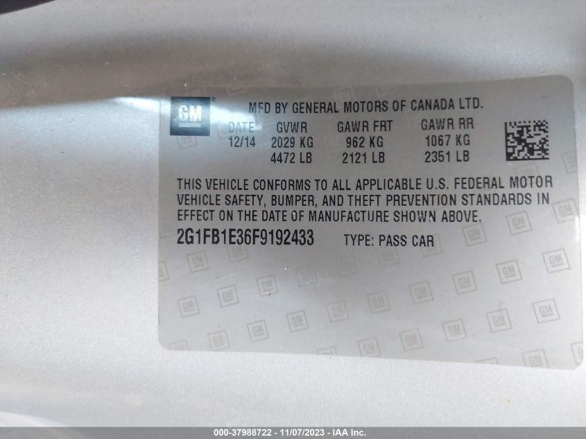 2015 CHEVROLET CAMARO 2LS - 2G1FB1E36F9192433