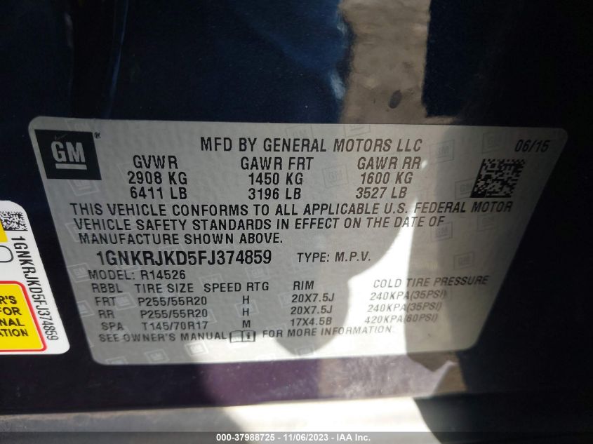 2015 CHEVROLET TRAVERSE LTZ - 1GNKRJKD5FJ374859