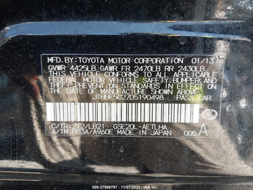 2013 LEXUS IS 250 250 - JTHBF5C27D5190498