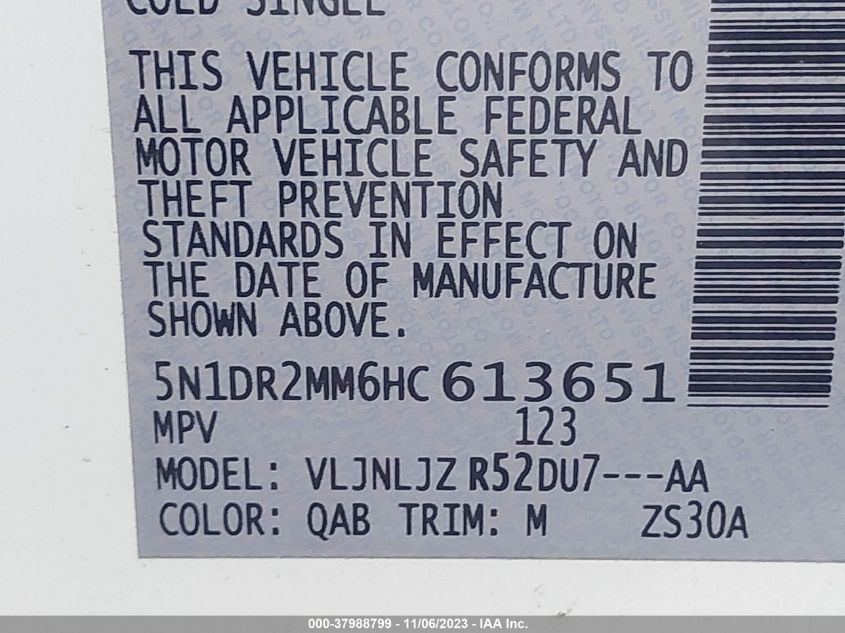 2017 NISSAN PATHFINDER S/SV/SL/PLATINUM - 5N1DR2MM6HC613651