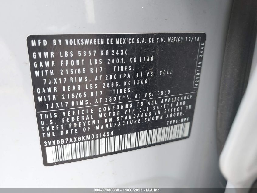 2019 VOLKSWAGEN TIGUAN S - 3VV0B7AX6KM031494