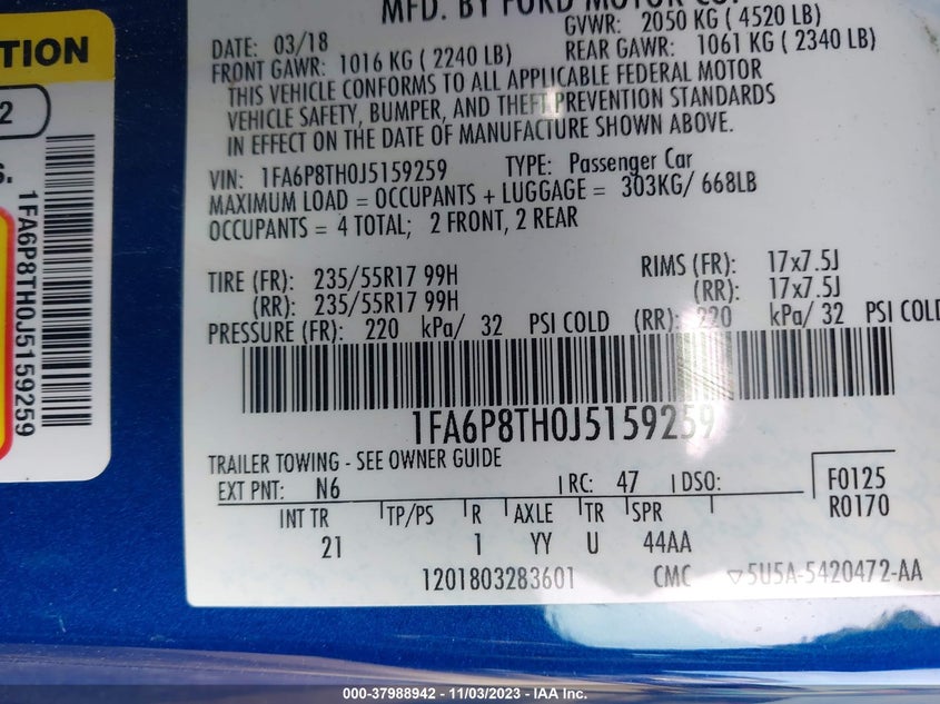 VIN 1FA6P8TH0J5159259 2018 FORD MUSTANG ECOBOOST