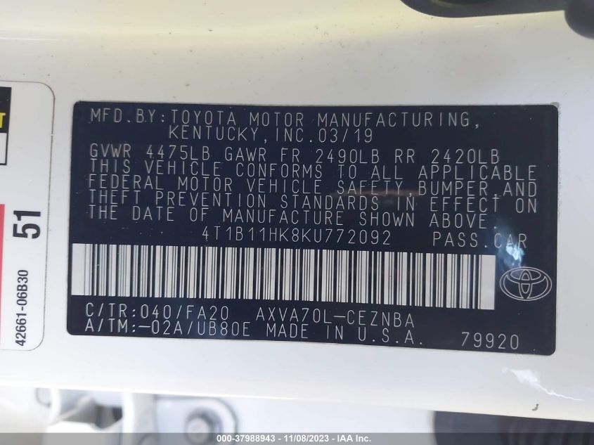 2019 TOYOTA CAMRY L/LE/XLE/SE/XSE - 4T1B11HK8KU772092