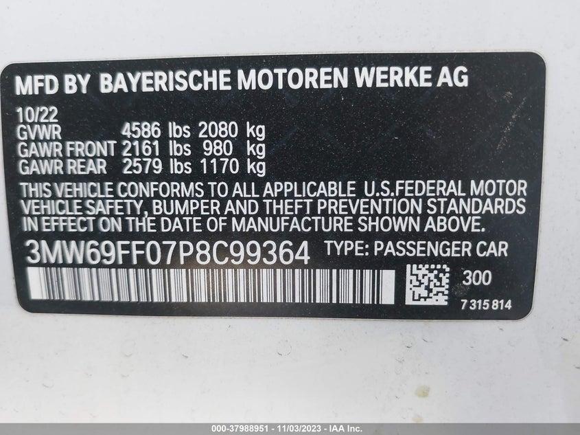 VIN 3MW69FF07P8C99364 2023 BMW 3 SERIES 330I