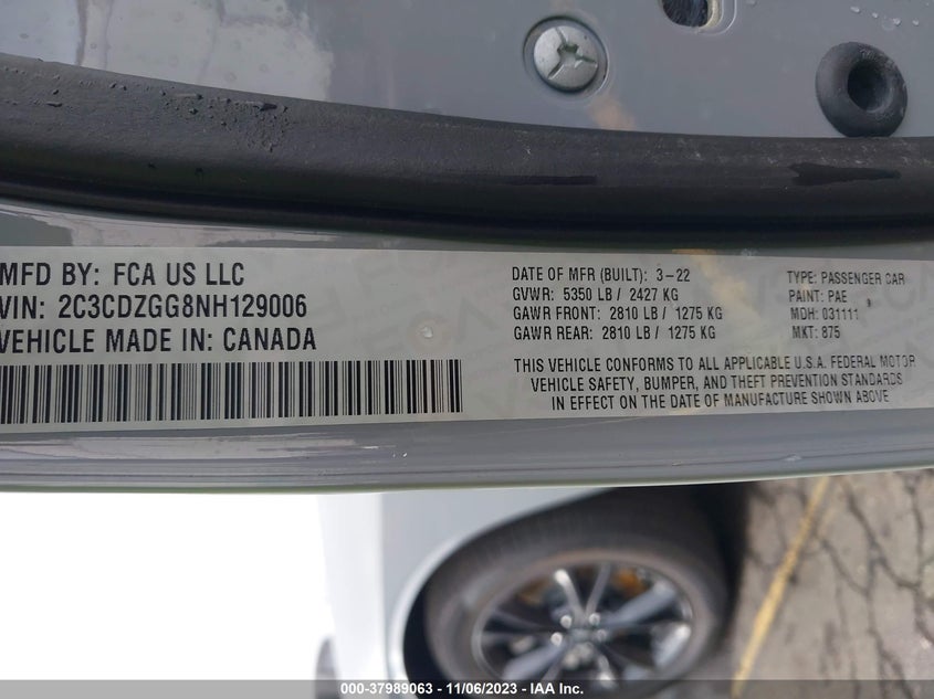 VIN 2C3CDZGG8NH129006 2022 DODGE CHALLENGER SXT