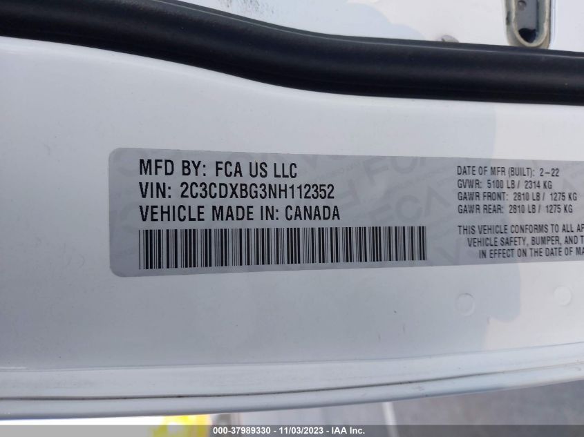 2022 DODGE CHARGER SXT RWD - 2C3CDXBG3NH112352