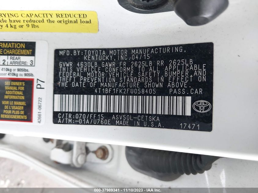 2015 TOYOTA CAMRY SE - 4T1BF1FK2FU058405
