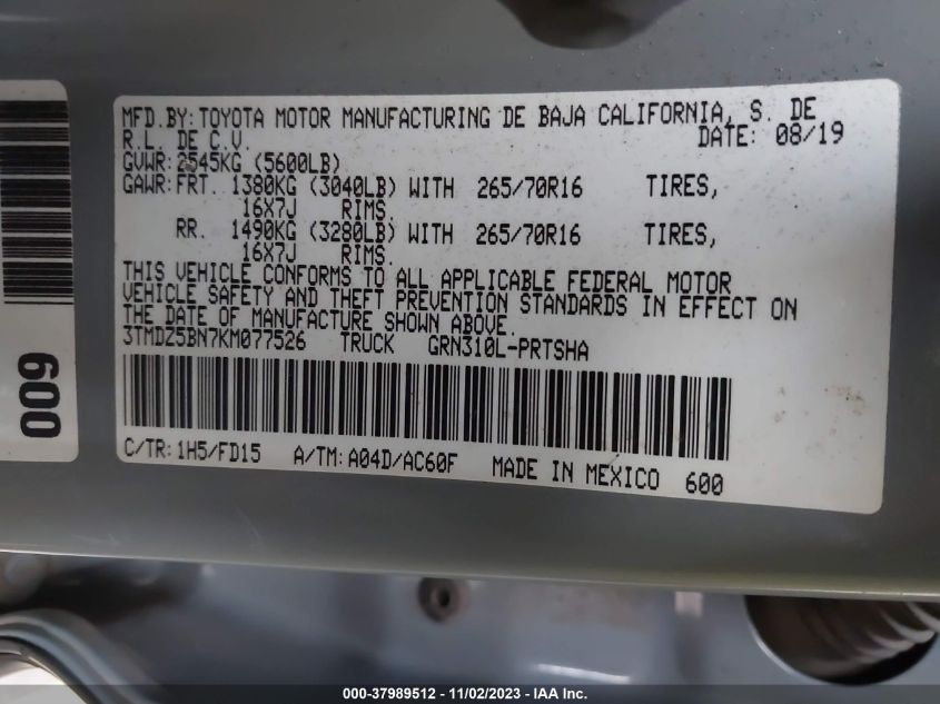 2019 TOYOTA TACOMA TRD OFF ROAD - 3TMDZ5BN7KM077526