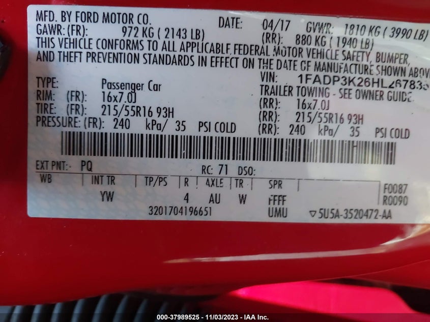 VIN 1FADP3K26HL267835 2017 FORD FOCUS SE