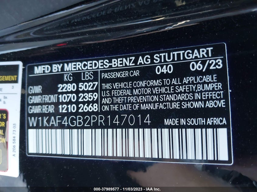 VIN W1KAF4GB2PR147014 2023 MERCEDES-BENZ C 300 SEDAN