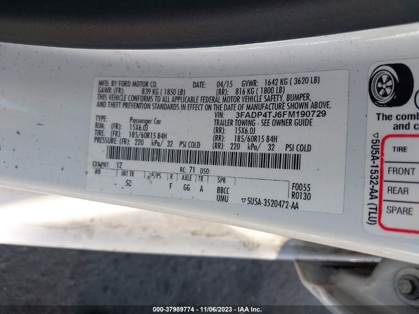 2015 FORD FIESTA S - 3FADP4TJ6FM190729