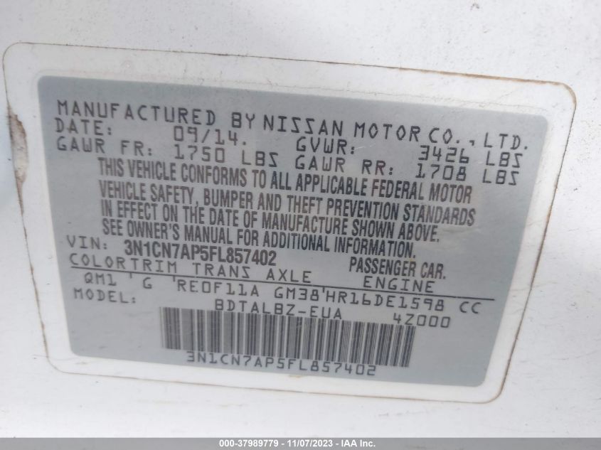 2015 NISSAN VERSA S/S PLUS/SL/SV - 3N1CN7AP5FL857402