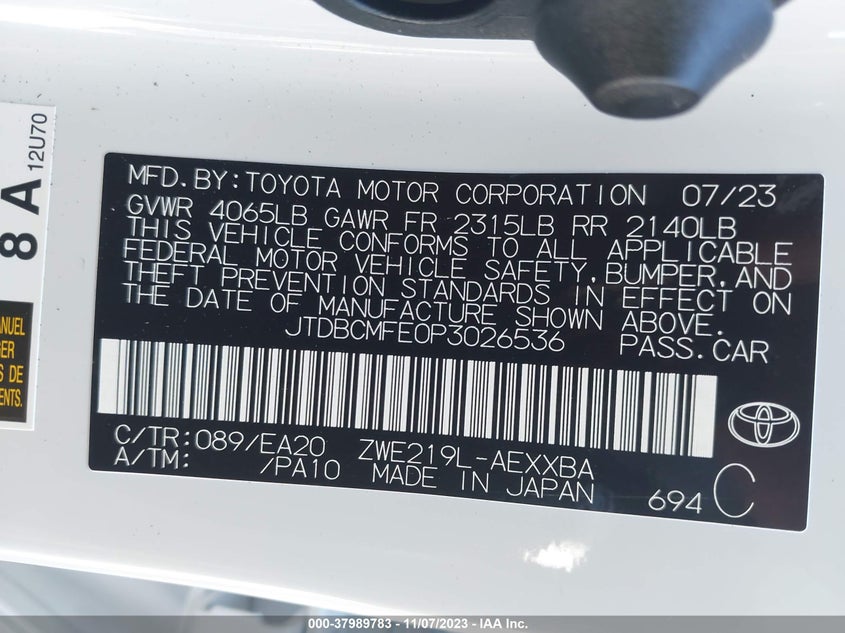 VIN JTDBCMFE0P3026536 2023 TOYOTA COROLLA LE/SE/XLE
