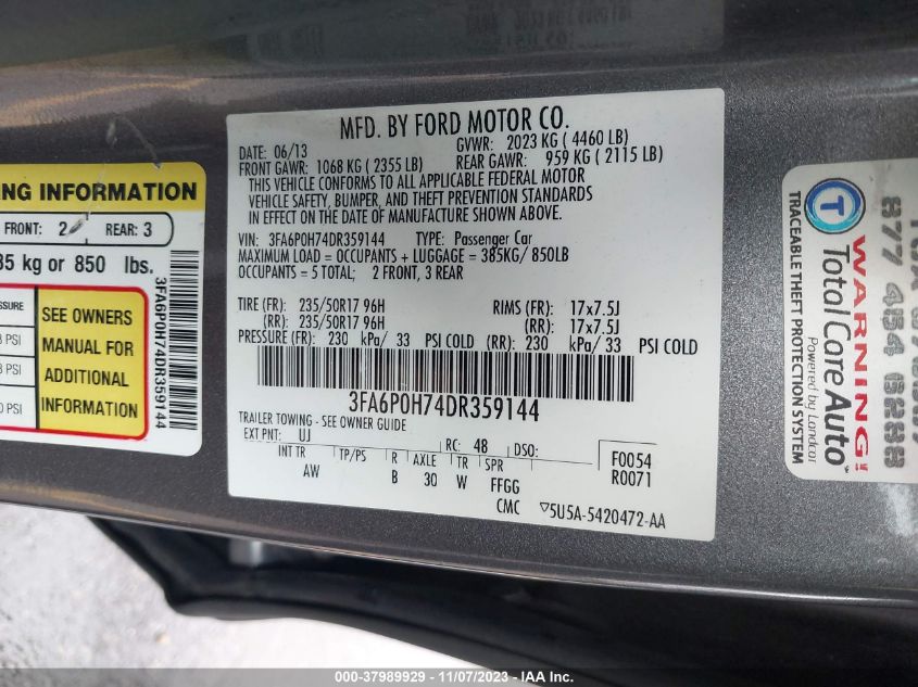 2013 FORD FUSION SE - 3FA6P0H74DR359144