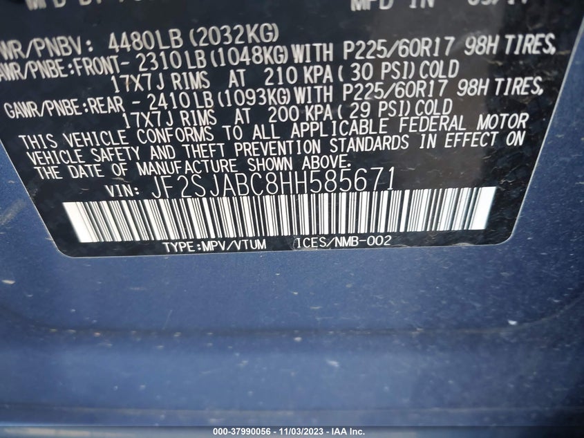 VIN JF2SJABC8HH585671 2017 SUBARU FORESTER 2.5I