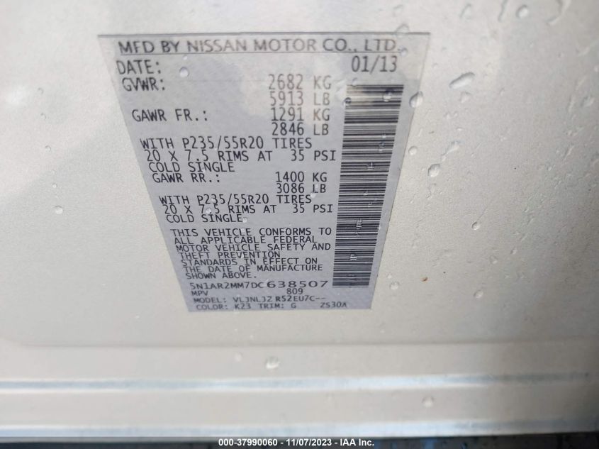 2013 NISSAN PATHFINDER S/SV/SL/PLATINUM - 5N1AR2MM7DC638507