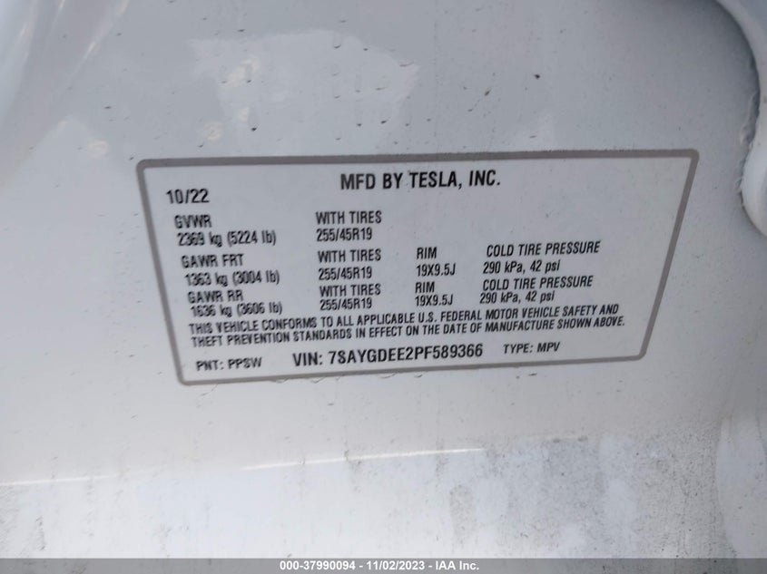 VIN 7SAYGDEE2PF589366 2023 TESLA MODEL Y