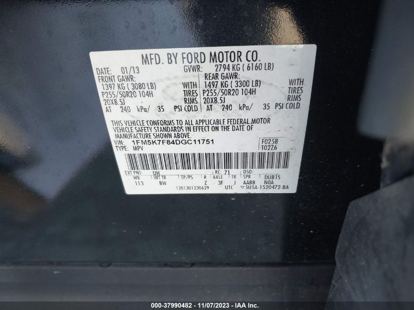2013 FORD EXPLORER LIMITED - 1FM5K7F84DGC11751